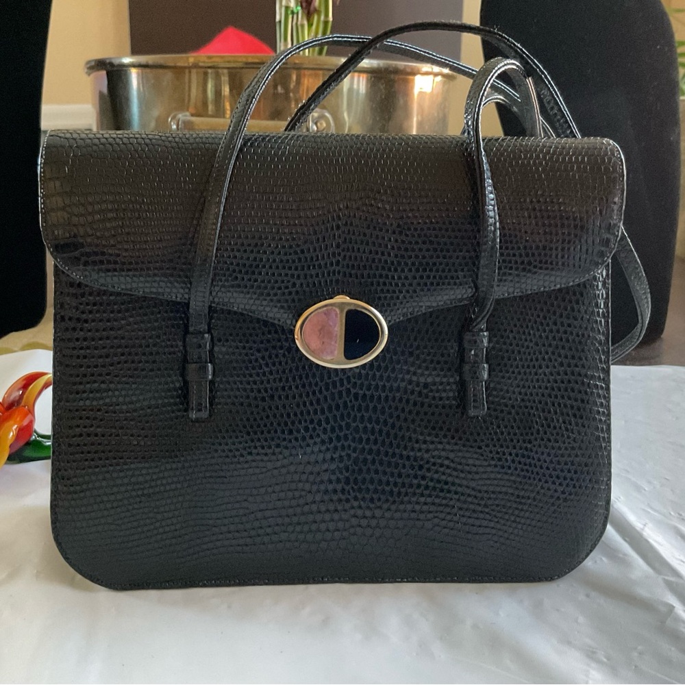 Vintage Judith Lieber Black Leather Karung Snakeskin Gems Clasp Purse/Bag